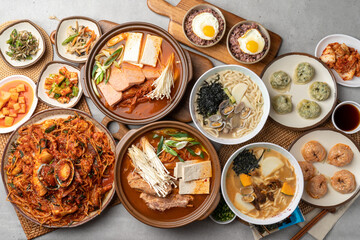 Korean food, seafood, agu, jjim, whole ribs, soup, kimchi, spam, dumplings, meat, clams, kalguksu, sea urchin eggs, side dishes, traditions