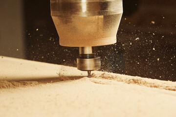 Close-up shot of machine with numerical control cuts wood. Cnc tool. - 767838530
