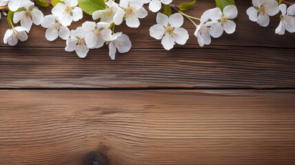 Background with copy space, wooden texture and spring cherry blossoms