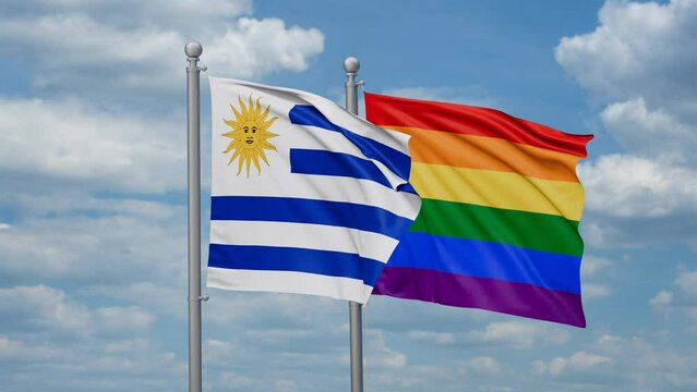 LGBT movement flag also Gay Pride and Uruguay two flags waving cycle looped video, tolerance conception in country