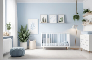 modern styled nursery in light blue and white colors