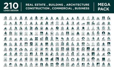 Mega Pack Real Estate , Building , and Architecture Logo Vector Designs , 210 Logo Set Real Estate Commercial  - obrazy, fototapety, plakaty