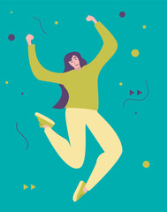 Girl jumps happy. Dance of happiness. Good news. - 767838963