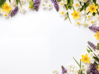 Nature-inspired background with copy space, white and yellow flowers border