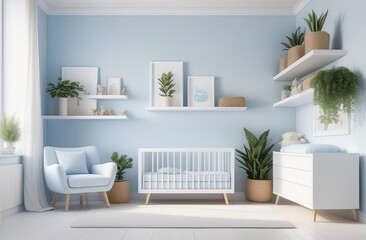 modern styled nursery in light blue colors