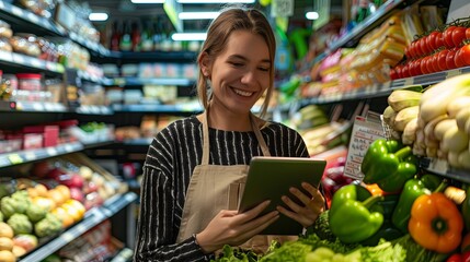 Cheerful female store owner using a digital tablet in her grocery, small business running concept, with copy space. Smiling woman shopper pushes a grocery cart filled with food as she chooses items fr - obrazy, fototapety, plakaty