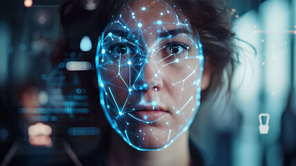 A photo capturing a person undergoing facial recognition for security, with the technology interface visible on the screen.