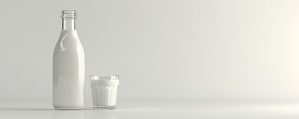 Milk in a bottle with a glass cup next to it on a light background. - obrazy, fototapety, plakaty