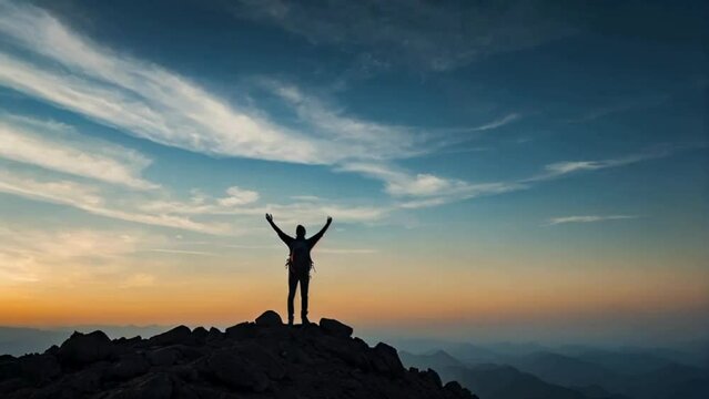 Silhouette of a person standing on the top of a mountain with arm towards the sky celebrating their achievement