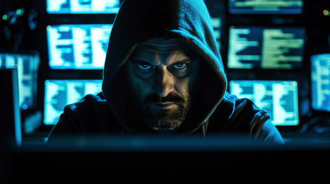 A photo capturing the intense face of a hacker in a hoodie illuminated by the glow of computer screens with hacking code