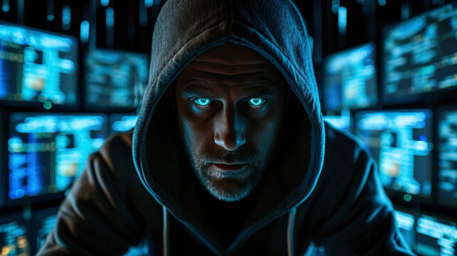 A photo capturing the intense face of a hacker in a hoodie illuminated by the glow of computer screens with hacking code