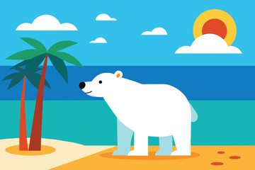 summer vector background with a polar bear on the beach for banners, cards, flyers, social media wallpapers
