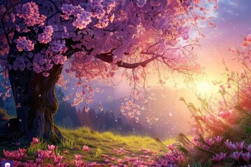 A beautiful scene of a cherry blossom tree with pink flowers