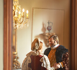 Victorian, man and woman talking in royal castle together with vintage love, romance and banquet...