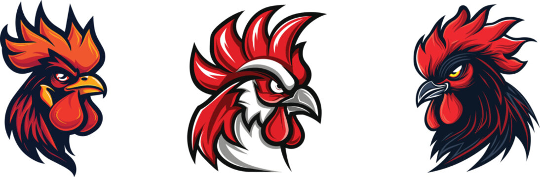 Set of rooster, mascot logo design, vector illustration.