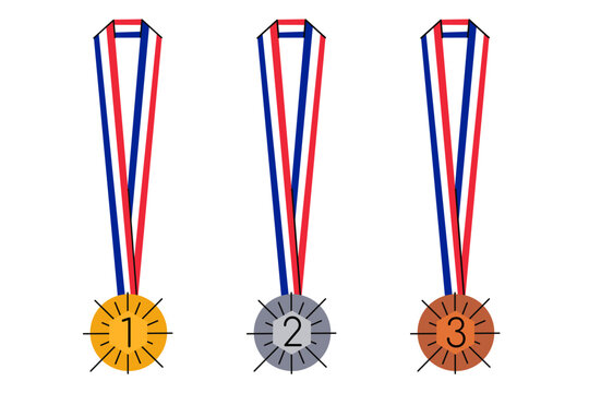 Set of golden, silver and bronze medals with red, white and blue ribbons. Olimpic and Paralympic games 2024 
