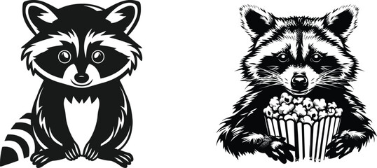 Fototapeta premium Set of raccoon, black silhouette, vector illustration.