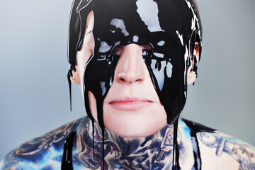 Abstract, paint and face with black ink for rock, tattoo and punk art in creative career isolated...