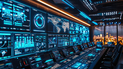 Image of a smart city control center with large screens displaying urban IoT networks and data management. Operators monitoring and managing citywide connectivity and services