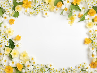 Springtime freshness background with copy space, white and yellow floral frame