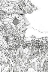 Drawing of a woman with sunflowers woven into her hair, showcasing a blend of beauty and nature