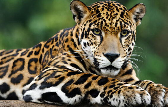 A jaguar is pictured on a rock in the amazon rainforest.
