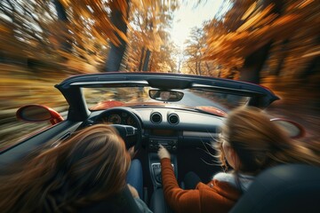 Two women are driving a red convertible car through a forest - obrazy, fototapety, plakaty