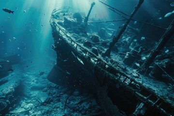 A shipwreck is shown in the ocean with many fish swimming around it - obrazy, fototapety, plakaty