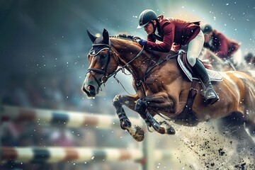 A horse is jumping over a hurdle in a race - obrazy, fototapety, plakaty