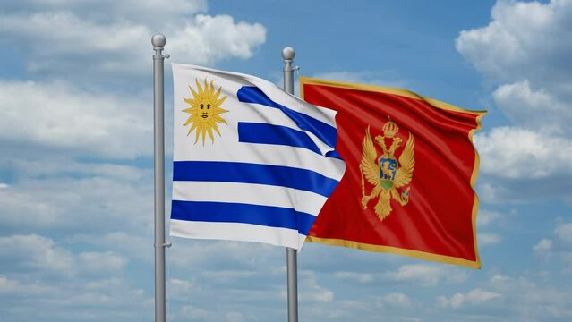 Montenegro and Uruguay two flags waving together, looped video, two country cooperation concept