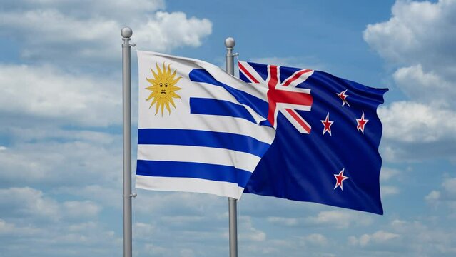 New Zealand and Uruguay two flags waving together, looped video, two country cooperation concept