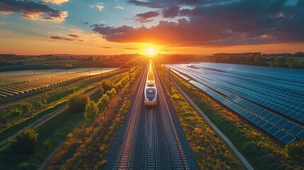 Fototapeta premium High-speed train powered by renewable energy, with solar panels along the track, representing sustainable transport