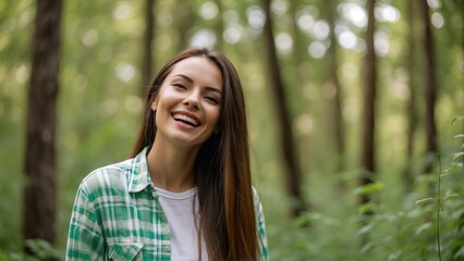 Overjoyed young woman spend day green forest feel good