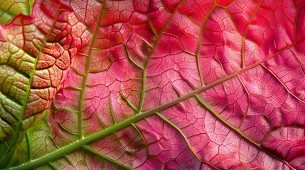 Close-up of a vibrant red leaf showing its detailed veins and autumnal texture Colorful red pink green macro foliage leaf vein texture background, abstract natural texture colorful banner. 