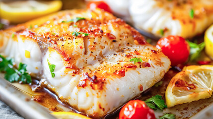Grilled fish fillets with spices, lemon & cherry tomatoes. Perfect for healthy recipes and gourmet meals. - obrazy, fototapety, plakaty