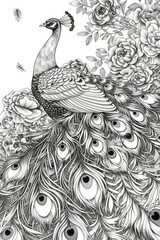 Detailed black and white drawing of a majestic peacock showcasing its intricate feather patterns and elegant posture