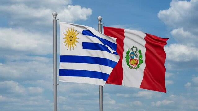 Peru and Uruguay two flags waving together, looped video, two country cooperation concept