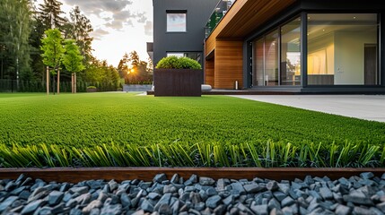 A charming old brick cottage with a wooden door sits nestled in a flower-filled garden Contemporary Lawn Turf with Wooden Edging in Front Yard of Modern House. Artificial Grass with Clean Design and B - obrazy, fototapety, plakaty