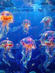 A group of jellyfish swim in an aquarium with blue water and rocks in the background. Generated AI.
