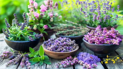 Assorted fresh herbs and flowers in wooden bowls on a rustic table, showcasing lavender, mint, and other aromatic plants for natural wellness and aromatherapy. Sense of tranquility and rejuvenation. 