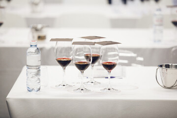 Wine Glasses Prepared for Tasting Session. Tasting Filled Wine Glasses on Participant Table. 