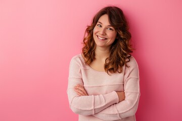 A woman in casual attire stands with her arms crossed in front of a vibrant pink wall. - Powered by Adobe