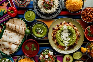 Various Mexican dishes neatly arranged on a table, showcasing a diverse spread of food items.
