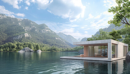 modern architecture tiny house, gray concrete material, with lake and forest in background, architectural rendering, floating on an island in the middle of mountainous river - obrazy, fototapety, plakaty