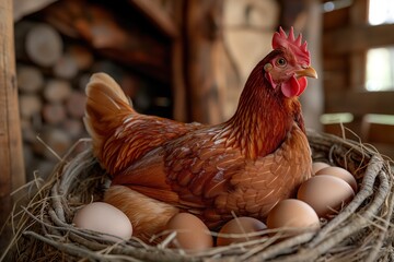 A domestic red hen perched on top of a nest filled with eggs in a chicken coop.