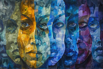 Watercolor painting of multiple individuals faces, showcasing a range of expressions and characteristics