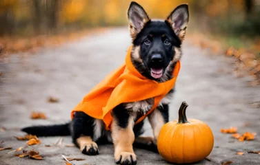 Fotobehang German shepherd dog with small Halloween pumpkins © Arslan
