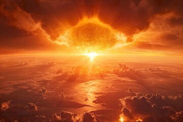 Obraz premium The sun descends below the horizon, casting a warm glow, nuclear explosion.