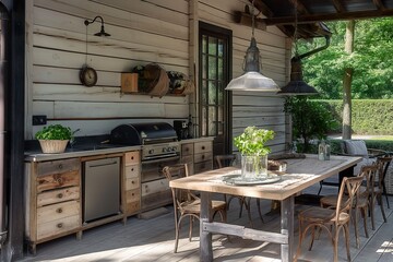 Fototapeta na wymiar A wooden table is placed on a patio, surrounded by a rustic farmhouse outdoor kitchen setup.