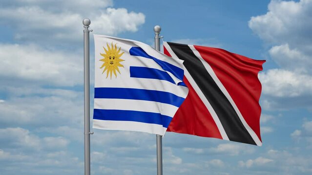 Trinidad and Tobago and Uruguay two flags waving together, looped video, two country cooperation concept